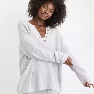 Aerie Oversized Off-White Cotton Knit Long Sleeve Henley Shirt, XL